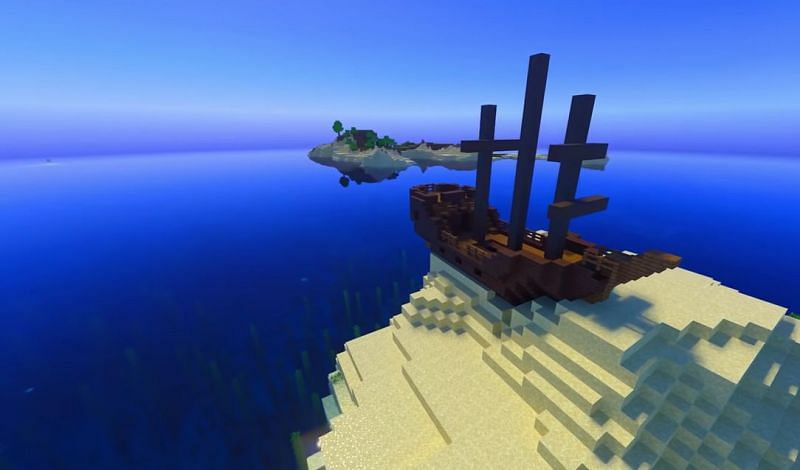 A fully intact shipwreck on a small island in Minecraft (Image via Minecraft &amp; Chill/YouTube)