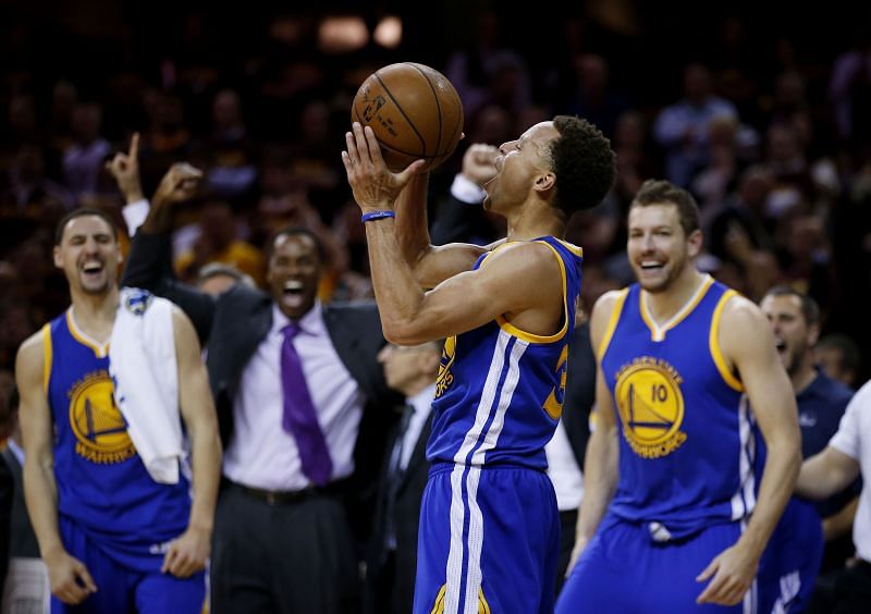 Stephen Curry #30 and the Golden State Warriors celebrate their 105 to 97 win over the Cleveland Cavaliers in Game Six of the 2015 NBA Finals.