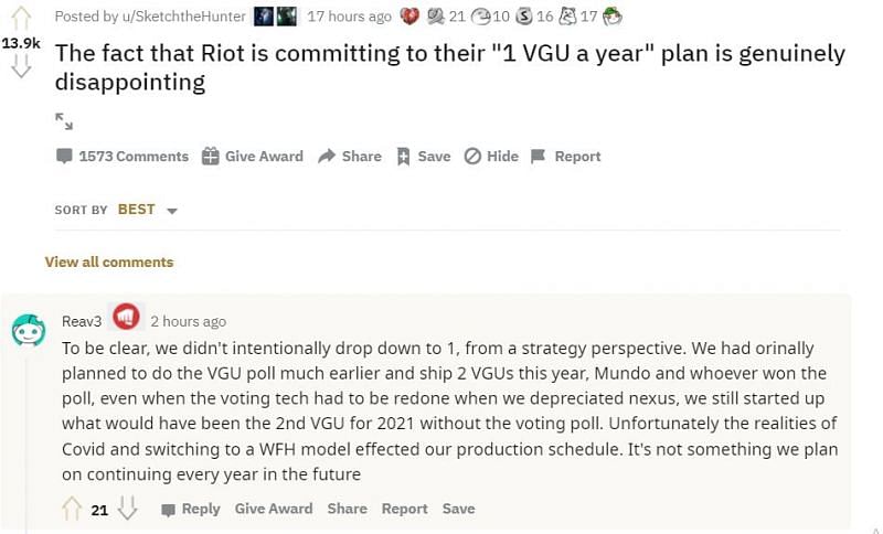 Riot Reav3 replied to a League of Legends fan (Screengrab from Reddit)
