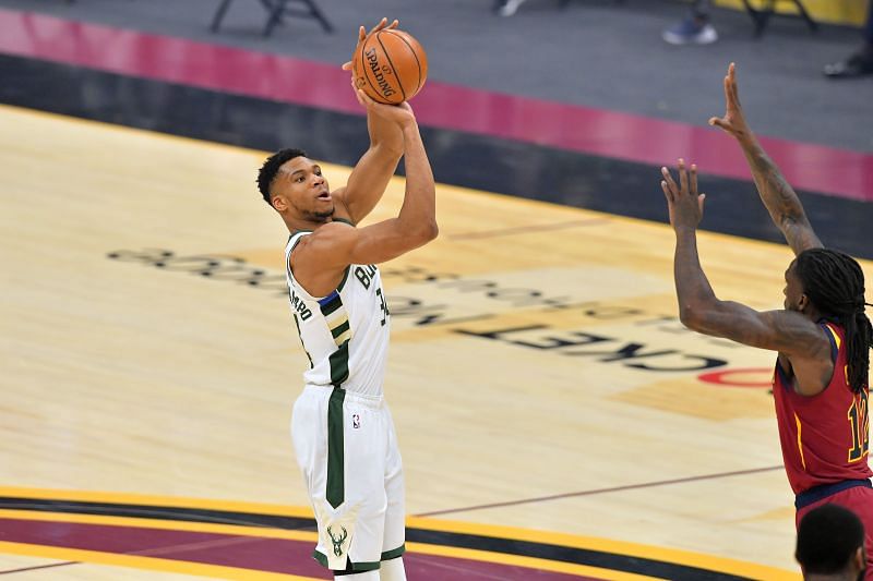 Milwaukee Bucks Giannis Antetokounmpo shooting a three-pointer