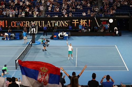 Novak Djokovic celebrates his win against Aslan Karatsev