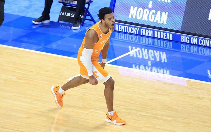 Josiah-Jordan James of the Tennessee Volunteers celebrates after making a basket.