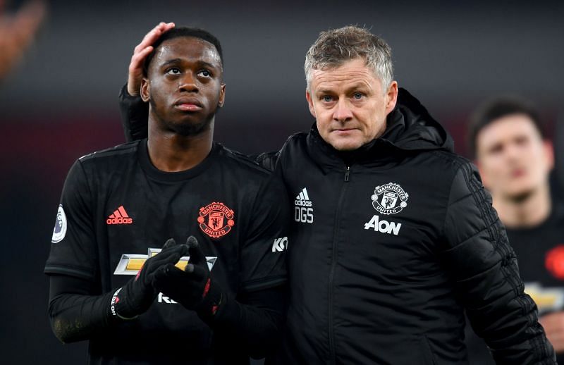 United first choice RB Aaron Wan-Bissaka (L) with manager Ole Gunnar Solksjaer&nbsp;