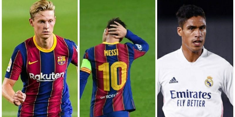 Frenkie de Jong (left), Lionel Messi (center), and Raphael Varane (right)