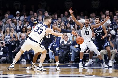 Bryce Golden #33 of the Butler Bulldogs passes the ball against the Villanova Wildcats