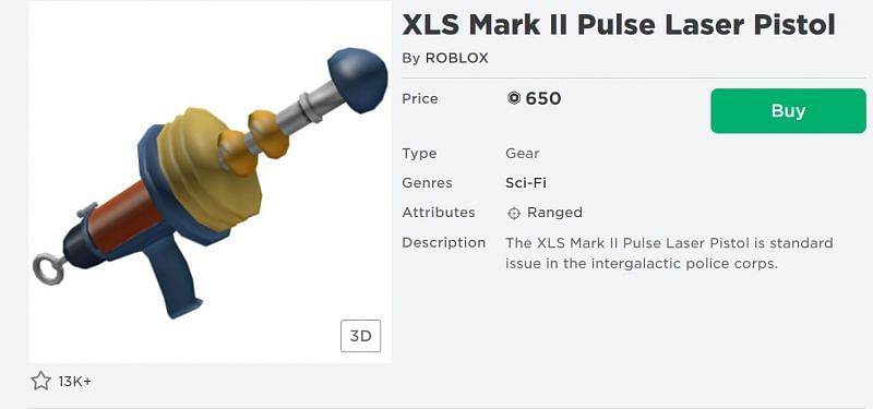 The XLS Mark II Pulse Laser Pistol gear piece from the Roblox Avatar Shop. (Image via Roblox.com)