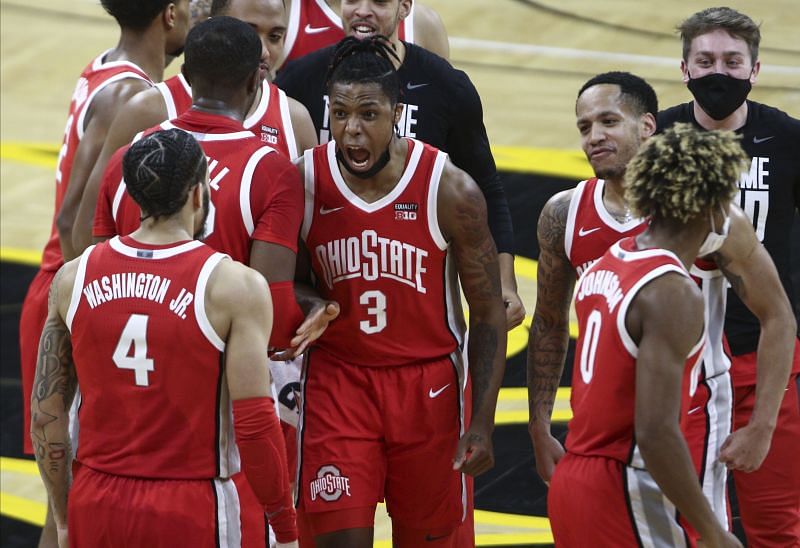 IOWA CITY, IOWA- FEBRUARY 4: Guard Eugene Brown #3 of the Ohio State Buckeyes celebrates with teammates after they defeated