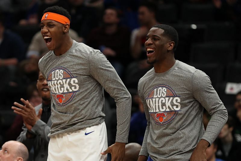RJ Barrett of the New York Knicks celebrates from the bench against the Washington Wizards during the first half at Capital One Arena