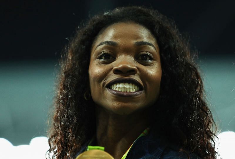 Gold medalist Caterine Ibarguen of Colombia during the medal ceremony at the Rio 2016 Olympic Games