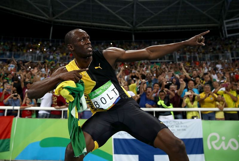 Usain Bolt after winning the 100m sprint at Rio Olympics