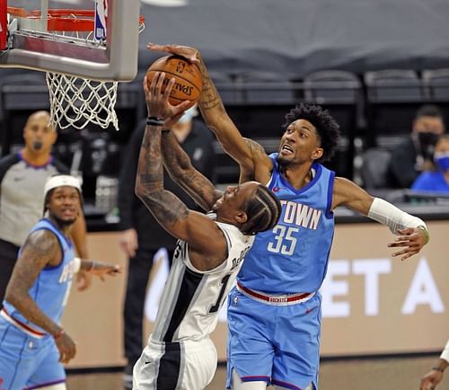 Christian Wood #35 of the Houston Rockets blocks shot of DeMar DeRozan #10 of the San Antonio Spurs 