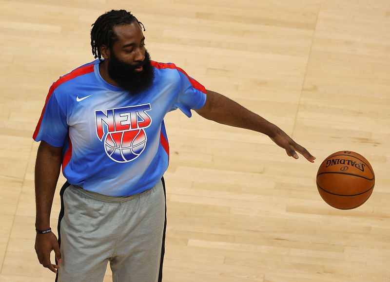 James Harden of the Brooklyn Nets warms up before a game against the Atlanta Hawks