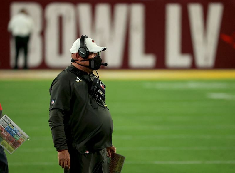 Tampa Bay Buccaneers Head Coach Bruce Arians looks on against the Kansas City Chiefs in Super Bowl LV