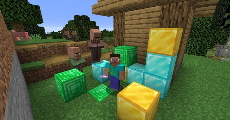 Stever surronded by gold, diamond, and emerald blocks while under the Luck status effect in Minecraft. (Image via Minecraft)