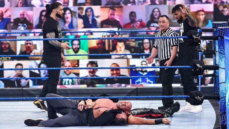 Roman Reigns, Jey Uso and Adam Pearce on WWE SmackDown