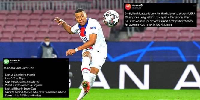Twitter erupts as electrifying Kylian Mbappe destroys Lionel Messi's Barcelona at Nou Camp