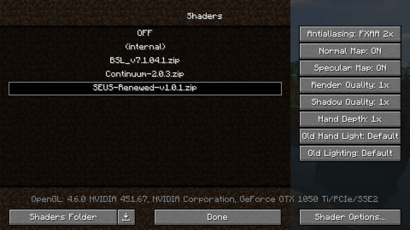 Optifine Shaders menu (Image via Minecraft)