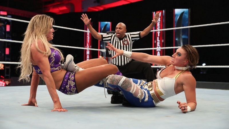 Charlotte Flair and Rhea Ripley at WWE WrestleMania 36