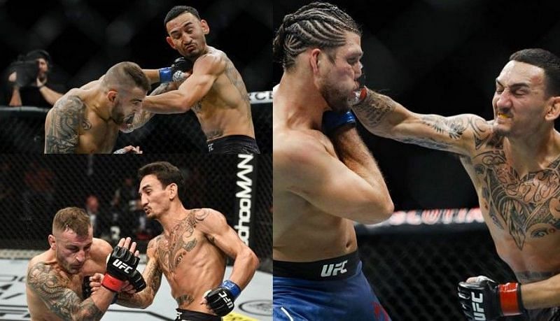 Max Holloway at UFC 245 (top left), UFC 251 (bottom left), and UFC 231 (right) respectively