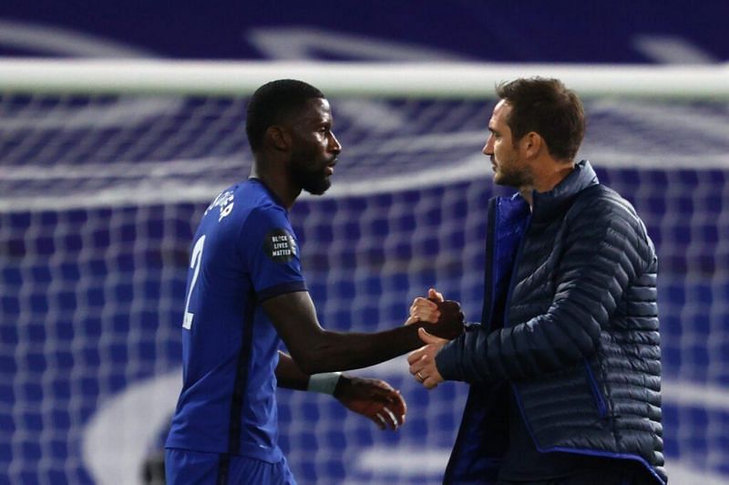 Antonio Rudiger (left) and former Chelsea manager Frank Lampard (right)