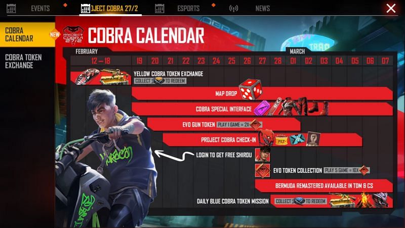 The Project Cobra Calendar in Garena Free Fire