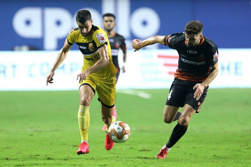 Hyderabad FC&#039;s Joel Chianese in action against FC Goa&#039;s Ivan Gonzalez in their previous ISL meeting (Image Courtesy: ISL Media)
