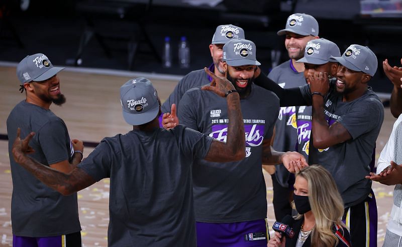 Anthony Davis of the Los Angeles Lakers celebrates being Western Conference Champions against Denver Nuggets in Game Five of the 2020 Western Conference Finals