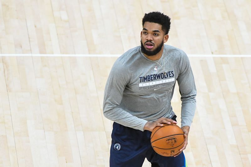 Karl-Anthony Towns of the Minnesota Timberwolves warms before a game against the Utah Jazz.