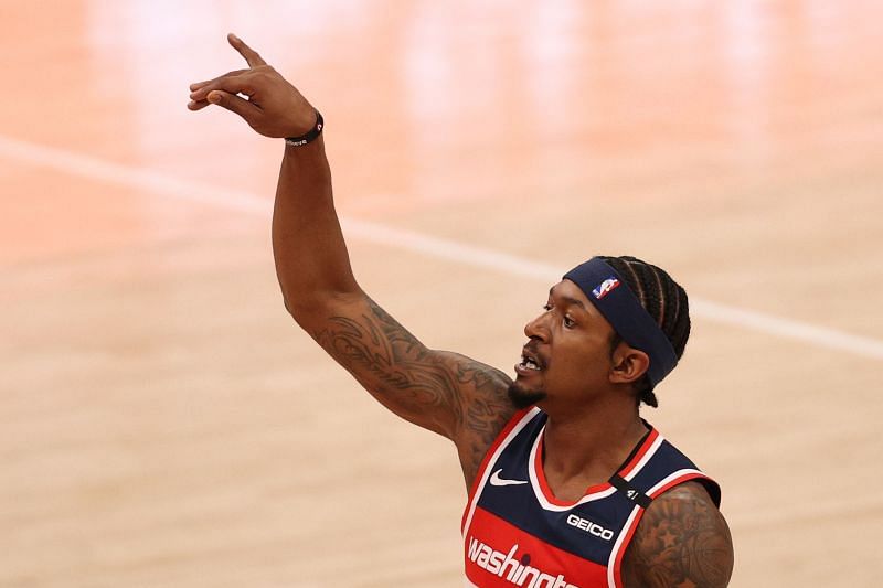 Bradley Beal #3 of the Washington Wizards watches his shot against the Toronto Raptors during the first half at Capital One Arena on February 10, 2021