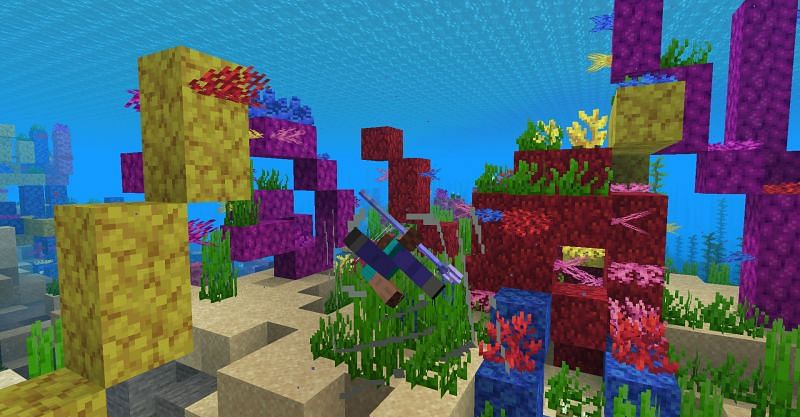 Using a trident enchanted with Riptide to propel forward in Minecraft. (Image via Minecraft)