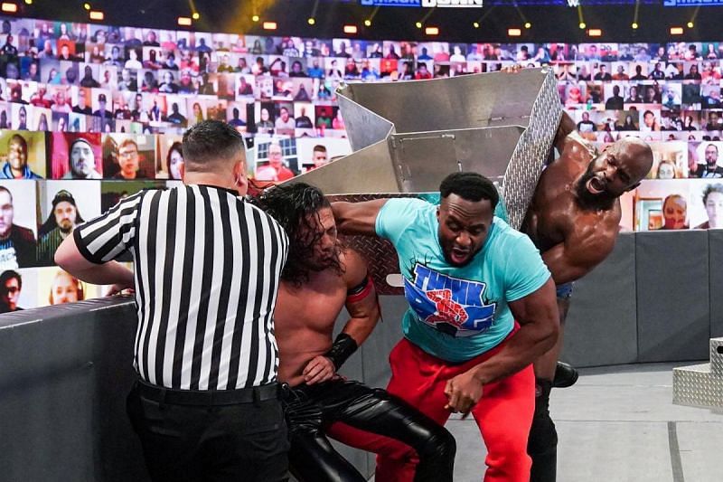 Crews used the steel steps to attack Big E.