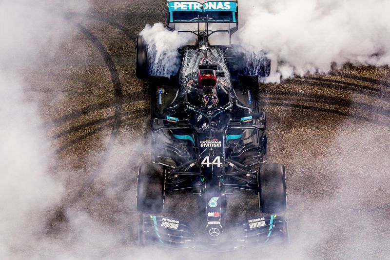 Lewis Hamilton celebrates 2020 with a burnout. Photo: Peter Fox/Getty Images