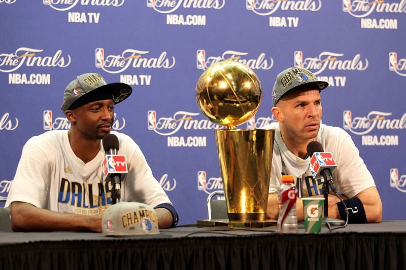 Dallas Mavericks Jason Kid and Jason Terry in post game