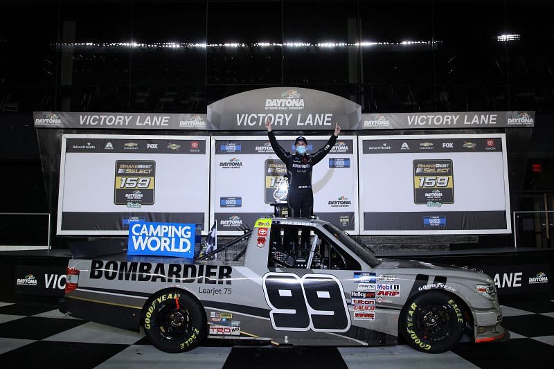 Ben Rhodes celebrates his win in NASCAR Camping World Truck Series BrakeBest Brake Pads 159 At Daytona. Photo/Getty Images Presented by O&#039;Reilly