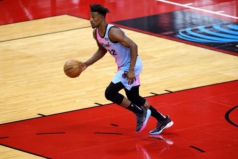 Jimmy Butler (#22) of the Miami Heat in action against the Houston Rockets
