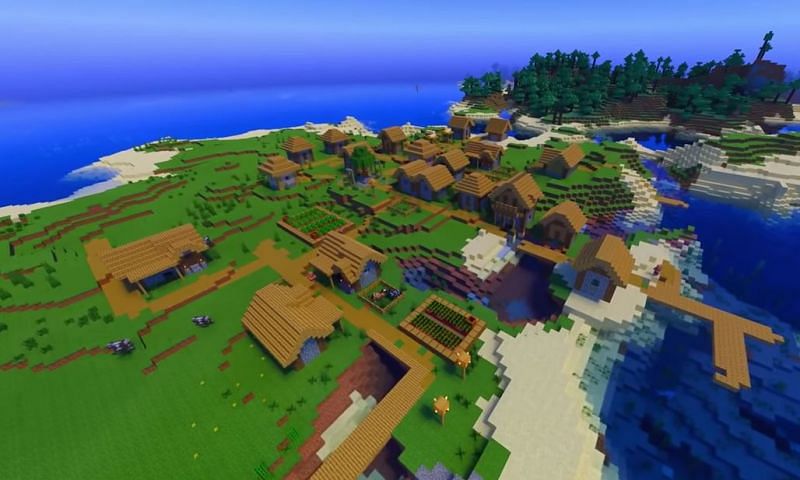 Two connected islands in Minecraft with a village on one and a forest on the other (Image via Minecraft &amp; Chill/YouTube)