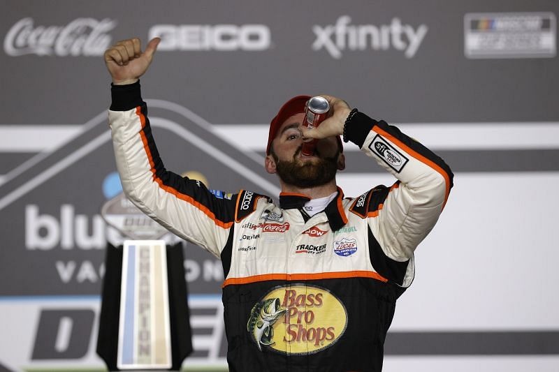 Austin Dillon celebrates his victory in the Daytona Duels. Photo/Getty Images.