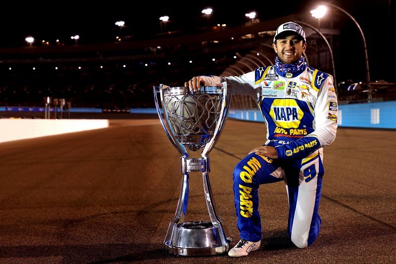 Chase Elliott with the Bill France Cup. (Photo by Christian Petersen/Getty Images)