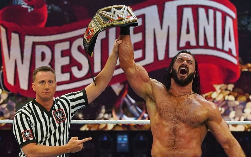 Drew McIntyre after winning the WWE Championship at WrestleMania 36