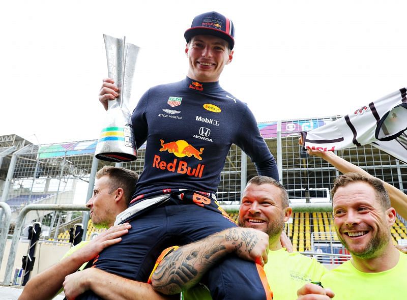 Max Verstappen with a winner&#039;s trophy. Photo: Mark Thompson/Getty Images