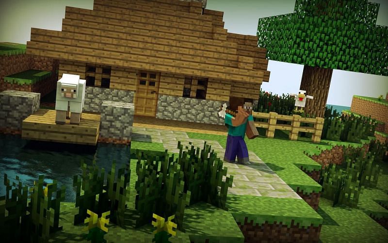 Steve near a house, chicken, and sheep in Minecraft (Image via planetminecraft.com)