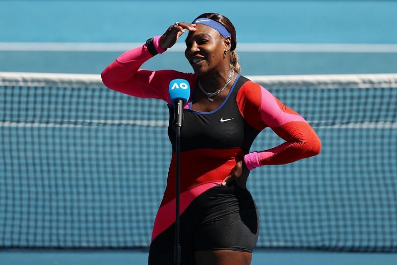 Serena Williams speaking to the media after her win over Sabalenka