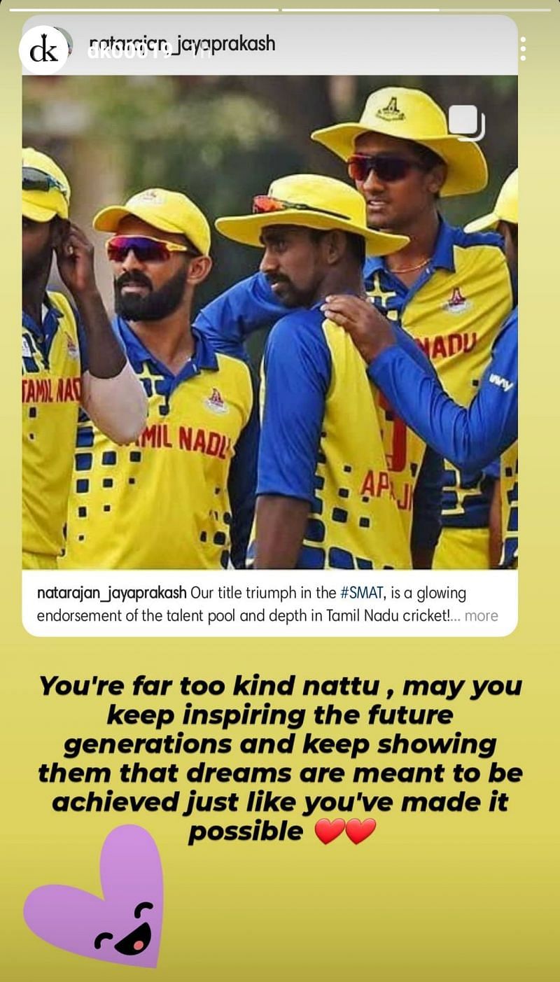 Dinesh Karthik&#039;s reaction to T Natarajan&#039;s post