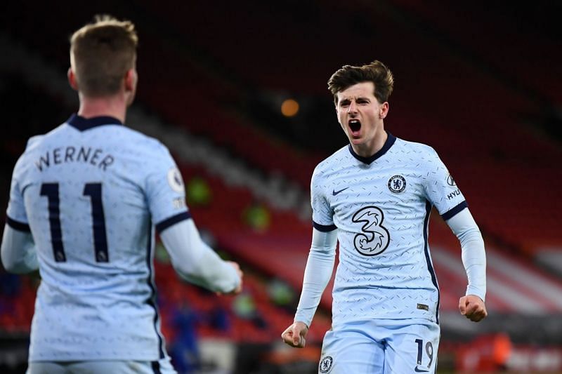 Mason Mount (right) celebrates Chelsea&#039;s opening goal with Timo Werner (left).