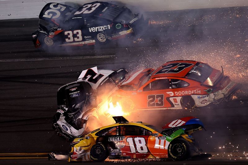 Kyle Busch, Bubba Wallace and Brad Keselowski crash in the Daytona 500. Photo/Getty Images
