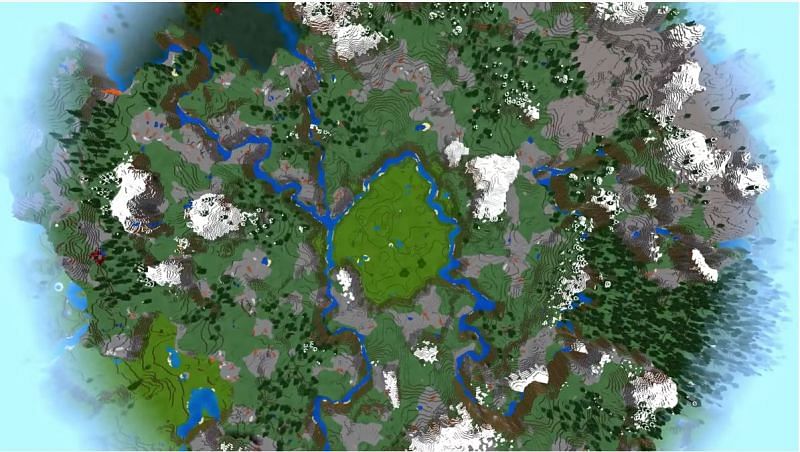 A plains biome surrounded by mountain biomes in Minecraft. (Image via Minecraft &amp; Chill/YouTube)