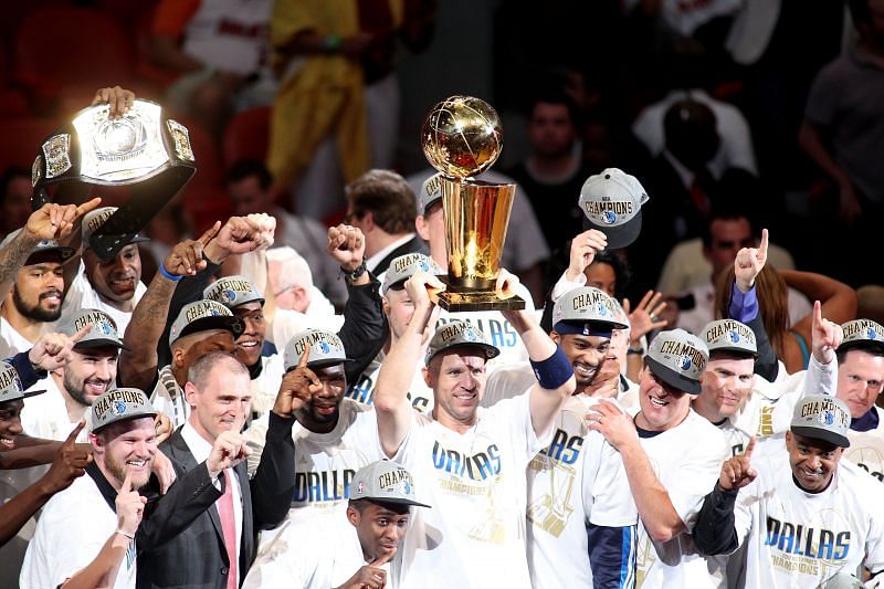 The Dallas Mavericks celebrate their 2011 NBA title win