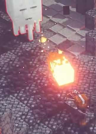 An image of a Ghast shooting a fire ball at a player (Image via Minecraft Dungeons Diaries)