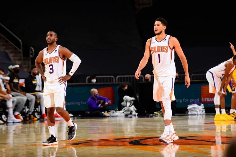 Phoenix Suns&#039; Chris Paul and Devin Booker in action
