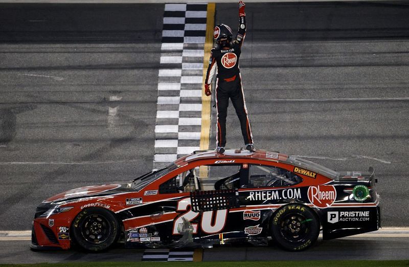 Christopher Bell celebrates his first NASCAR Cup race win on the Daytona Road Course. Photo/Getty Images